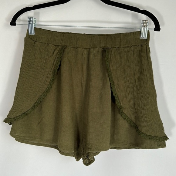 Workhall Olive Green Paper Bag Pleated Stripe Shorts - Picture 1 of 8